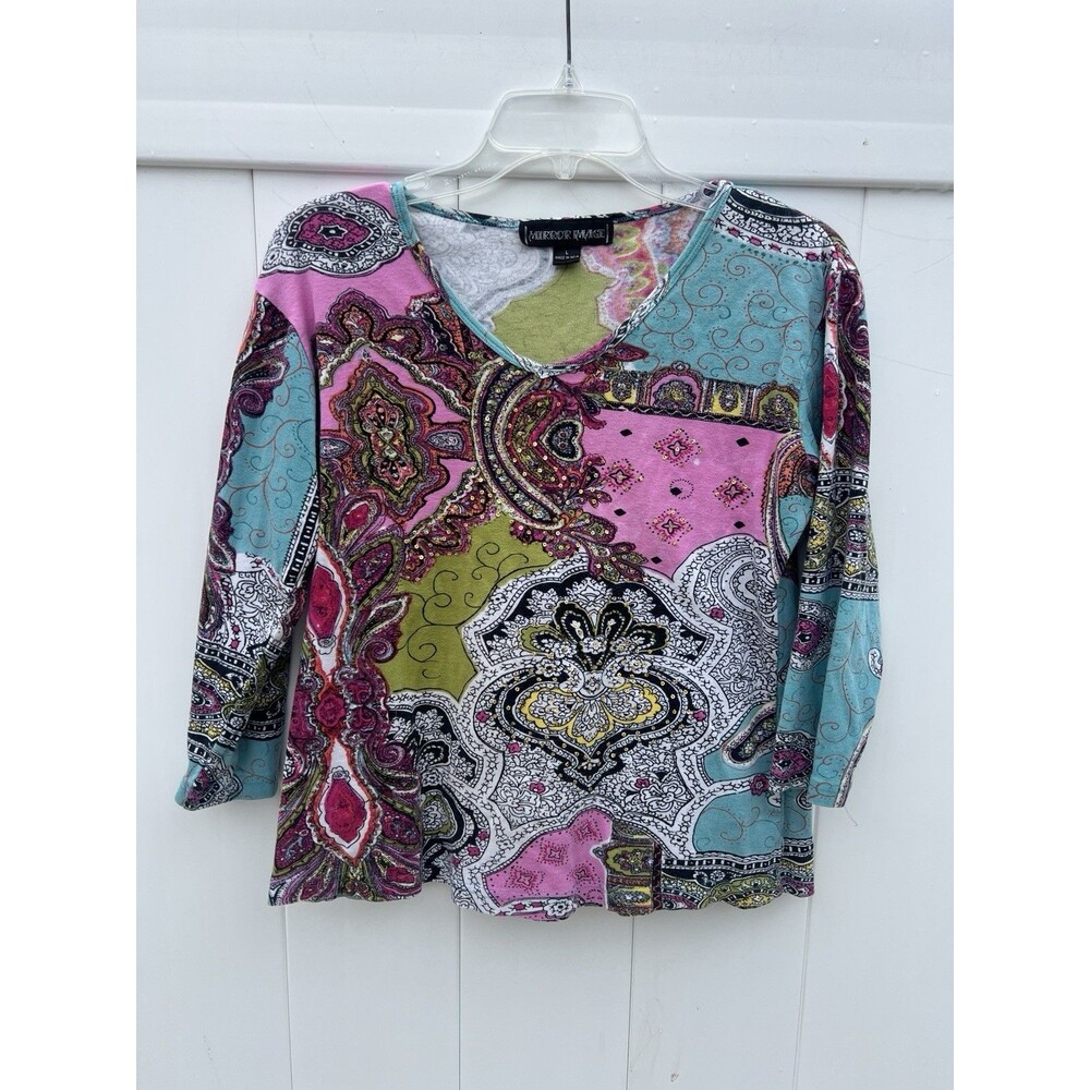 MIRROR IMAGE Womens Large Colorful Cotton Knit Top Sequin 3/4 Sleeve Vtg